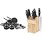 AmazonBasics 15-Piece Non-Stick Cookware Set & Premium Stainless Steel Knife Set with Block, 9-Pieces (8 Knives and 1 Wooden Block), B Combo