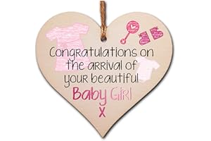 THE PLUM PENGUIN Handmade Wooden Hanging Heart Plaque Gift Congratulations on the arrival of your beautiful baby girl new baby present new parents pink nursery wall decoration crayon style
