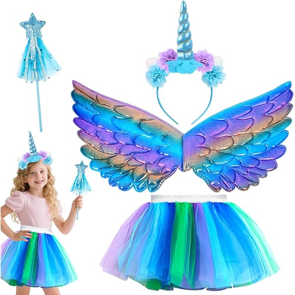 YUYWWAN Eenhoornkostuum voor meisjes, 6 stuks, eenhoornkostuum, regenboog, led-rok, haarband, vleugels, halsketting, armband, buidel, eenhoornkostuumset voor Halloween, Kerstmis, carnaval, verjaardag