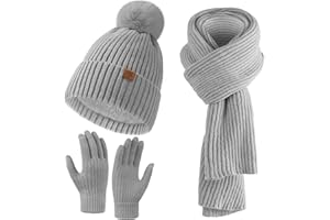 Simannie Hat Scarf and Gloves Set for Women - Fleece Lined Beanie Hat with Pom Pom, Cold Weather Knit Hat, Warm Neck Warmer Scarf & Cold Weather Knit Hat Set