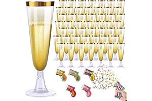 TURIUEBA 50 Copas de Plastico Champagne Cava Desechables Duro Vino Plástico 160ml Lavables y Reutilizables +5 Cañones de Confeti Vasos para Champagne, Vino Espumoso y Postres, Ideal Bodas Cumpleaños y Fiestas