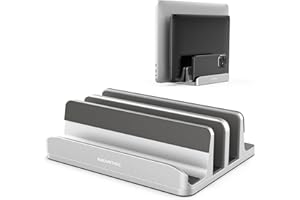 AboveTEK Pionowy stojak na laptopa, 3 przegródki na komputer, tablet, telefon - pasuje do wszystkich modeli laptopów (do 43.9 cm) - wytrzymały uchwyt biurkowy z polerowanego aluminium, antypoślizgowe