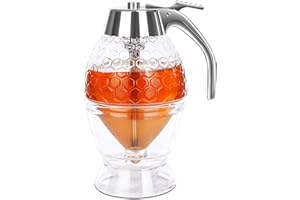 DESIOLE Dispensador de miel con soporte, gran jarabe con alta capacidad, hermoso tarro de miel