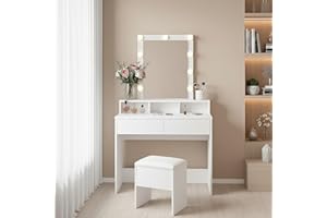 ZZINOKE Toletta Trucco con Sgabello, Mobile Trucco con Specchio e Luci, 3 Colori, Luminosità Regolabile, Postazione Trucco con 3 Ripiani Aperti e 2 Cassetti, 80×40×142 cm, Bianco