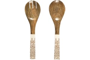 HOME DECO FACTORY - KA0574 Couvert à Salade Manguier Dune Terracotta, Design Naturel, Accessoire Pratique pour Tous Repas, Taille 30 cm, Marron, Blanc, Orange