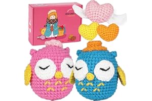 JasCherry Kit de crochet, kit de animales para principiantes adultos, regalo de crochet DIY con video instructivo paso a paso, hilo suave, manualidades de tejido - Búho azul y rosa