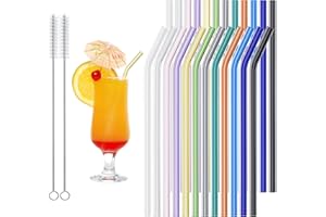 OBCARN 24 Stück Glasstrohhalme Bunt, 21.5cm Strohhalme Glas Farbige, Glasröhrchen 12 Gebogen und 12 Gerade Wiederverwendbar, Dauerhaft Strohhalme Glas mit 2 Reinigungsbürsten MEHRWEG
