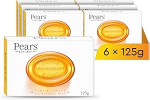 Pears Pure & Gentle Transparent Natural Soap Bar - Made with Natural Oils, Nourishing and Refreshing Bathing Cleanser, Gentle & Soothing Skin Care, Pure Transparency, Pack of 6 x 125g