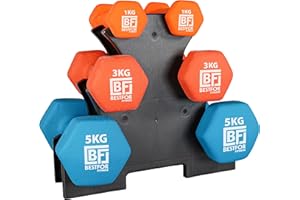 Bestfor Neoprene Dumbbell Set - 18kgs (2 x 1kg, 2 x 3kg, 2 x 5kg) With Stand For Fitness, Workouts, Strength Training For Men and Women At Home and Gym With Exercise Chart