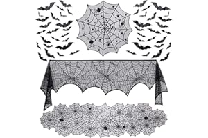 Halloween Decorazioni per la Tavola,wohot 51pcs Dddobbi Tavola Halloween Include Tovaglia Ragnatela Rotonda,Tovaglia Ragnatela Rettangolare, Sciarpa Camino, e 48pcs Pipistrelli Adesivi 3D Della Parete