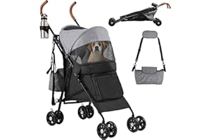 DWVO Dog Stroller, Pet Stroller, Foldable Dog Travel Pushchair, Dog Pushchair with 4 EVA Wheels for Medium Dog 22kg, with Storage Basket, Cup Holder, Hanging Bag and Safety Belt, Dog pram (Grey Black)