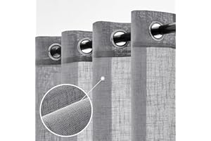 Woaboy Leinen Kruz Gardinen Grau Vorhänge Wohnzimmer Halbtransparent mit Ösen Stores Gardine Leinenoptik Schlafzimmer Modern Ösenvorhang Schlaufengardinen 2er Set 140x145cm (BxH) Grau