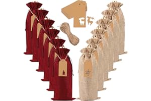 JOISHOP 12pcs Christmas Wine Covers, Xmas Burlap Wine Bags Jute Wine Bottle Covers Bags Reusable Xmas Wine Gift Bags with Drawstring for Christmas Wedding New Year Holiday Party