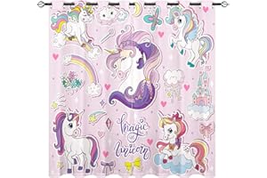 ANHOPE YUANZU Einhorn-Vorhänge – Kinder süßes Element Regenbogen Tierdruck Muster Öse Verdunkelung Raum Verdunkelung Fenstervorhänge für Jungen Mädchen Kinderzimmer Schlafzimmer 2 Paneele B 117 cm x T 137 cm