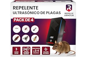 REPELIX ARMOUR Repelente ultrasónico de plagas para interiores – Pack de 4 – Cubre 140m² por dispositivo – 3 modos – Repele ratones, ratas, arañas, mosquitos, hormigas, insectos y moscas, HX-168 (Negro)