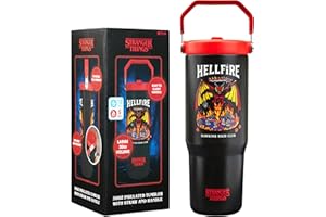 Get Trend Stranger Things Botella Termica con Pajita y Asa 850ml, Vaso Térmico Antigoteo Reutilizable, Taza Acero Inoxidable, Bebidas Frías y Calientes (Negro/Rojo Stranger Things)