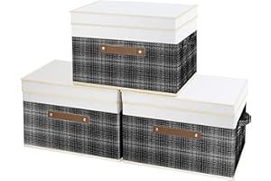 TYEERS Boîte de Rangement avec Couvercle Pliable, Tissu, Patchwork, Rangement Tissu, 38x25x25 cm, Lot de 3, Noir