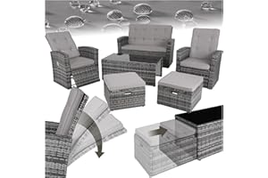 TecTake® Salon de Jardin Exterieur Lounge en Poly Rotin 6 Places 1 Canapé 2 Fauteuil Salon 2 Tabouret Pouf et 1 Table de Jardin, Dossier inclinable Mobilier de Jardin pour Amenagement Balcon