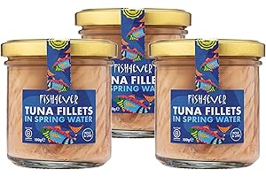 Fish 4 Ever | Skipjack Tuna Fillets In Water - Sustainably Fished. Canned Glass Jar Food Rich In Omega-3. Great Used In Salads, Making Sandwich Spread Or Hot And Cold Snacks |150g (Pack of 3)