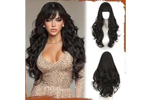 Sofeiyan Parrucca Lunga Ondulata,60 cm Marrone Scuro Parrucche Resistenti al Calore con Frangia, Capelli Sintetici Naturali per Donne,Adatte per Quotidiane, Feste e Cosplay