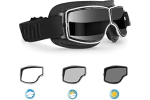 BERTONI Motorcycle Riding Goggles - Black Leather with Chromed Frame - Anticrash Ventilated Lens AF188 - Motorbike Helmets Goggles