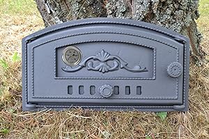 SEZAM Backofentür aus Gusseisen mit Thermometer 500 °C, nach links öffnend, Pizzaofentür - Brotofen - Steinofentür, 48,5 x 6,5 x 27,5 cm - halbrund, grafitfarbene Bemalung