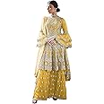 Miss Ethnik Women's Net Semi Stitched Top With Bottom and Dupatta Embroidered Flared Top (Kurta Palazzo Set)