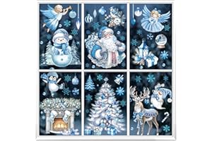 wondever Blue Christmas Tree Window Clings Santa Claus Reindeer Snowman Fireplace Glass Sticker Decal Anti Collision Double-Side Static Window Decals for Christmas Party