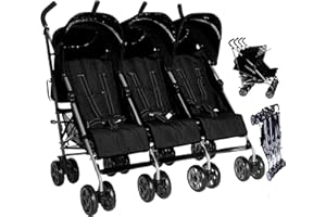 Kids Kargo Triple Stroller birth-15kg per seat. Safety Reflectors, Umbrella fold, 3 Visors & a rain Cover. Midnight Black Pushchair