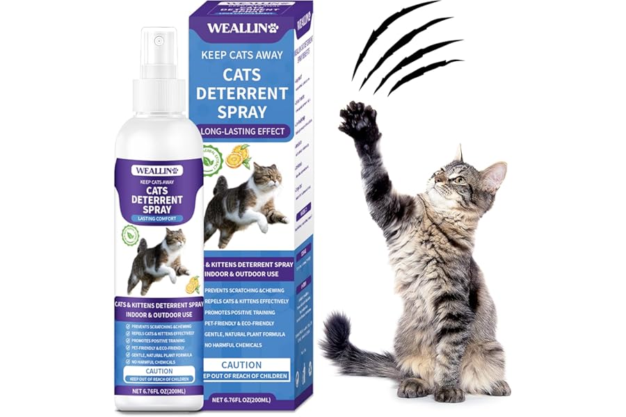 WEALLIN Cat Repellent Spray, 200ml Cat Deterrent Spray Indoor, Anti-Scratch Cat Spray for Scratching, Natural Cat Deterrent Spray for Cats Kittens Training Aid, Protects Furniture for Outdoor Garden