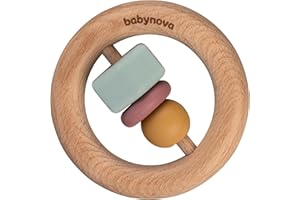 babynova Holz Motorik Beißring - Montessori Holzspielzeug für Zahnen, Spielen & Lernen ab 0 Monate - Frühe Entwicklung der Motorik - BPA-frei
