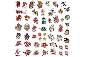 ROARHOWL 53 pezzi, set di tatuaggi temporanei di supereroe, personaggi di fumetti e disegni floreali, favore di festa, tatuaggi temporanei per adulti e bambini