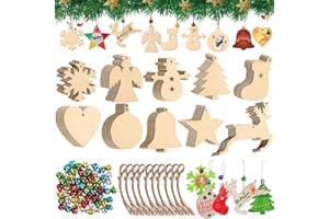 LPAOIS 300 Piezas 10 Estilos Colgantes de Madera para Navidad, Ornamentos de Navidad,Adornos de Navidad Madera, Colgantes de Madera para Árbol para Navidad con 100 Cuerdas y 100 Cascabeles