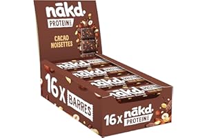 NAKD Nākd. Protein Cacao Noisette | Barres Protéinées | 7g de Protéines Végétales | 100% d'Ingrédients Naturels | Sans Sucres Ajoutés | Vegan | 16 x 45g | 720g