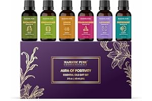 Majestic Pure 100% Pure Essential Oil Set - 6 x 10ml(Peppermint, Lavender, Eucalyptus, Frankincense, Lemongrass, Lemon)| Essential Oils for Diffusers for Home, Skin, Aromatherapy, Humidifiers