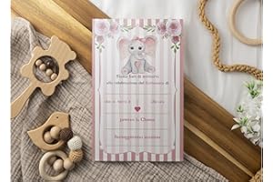 PRINTSERVIS Bigliettini Inviti per Festa di Battesimo bimbo/bimba 20 pezzi, facili da compilare con Nome e Data Stampati su cartoncino 300g/m formato 95x150mm (Elefante Rosa)