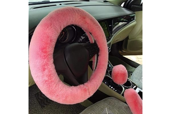 WenMei Couvre Volant Fluffy pour Femmes, Couvre Volant Fuzzy avec Couvercle de Frein à Main Couvercle de Changement de Vitesse Hiver Chaud en Fausse 1 Set 3 Pcs (Rose)