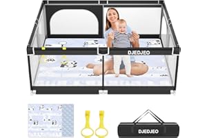 DJEDJEO Box Bambini, Recinto per Bambini con Tappeto 150x180cm con Porta di Sicurezza, Traspirante e Antiscivolo, Portatile 0-6 Anni Box per Bambini