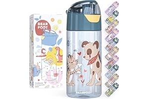 BEARFOOT Children's Water Bottle, 450 ml, Lightweight Tritan Water Bottle, BPA-Free, Leak-Proof, Suitable for Carbonated Drinks, Dishwasher Safe for Boys, Girls, Toddlers (Blue - Dog Cat)