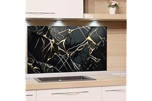 GRAZDesign Crédence de cuisine en verre pour cuisinière et évier de cuisine, aspect granit noir avec lignes dorées - Plaque en verre arrière murale de cuisine - 80 x 60 cm