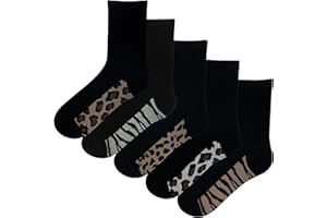 The Essentials Wardrobe Ladies Ankle Socks 5 Pack Leopard and Butterfly Footbed Design Socks Cotton Rich Black Socks Warm and Comfortable Women Socks.