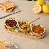 Deconox Mango Ağacı Standlı 3'l&uuml; Kase Seti - İ&ccedil;i Emaye Kaplama Doğal Ahşap &Ccedil;erezlik ve Sosluk - 30 cm Sunum Tepsili Dekoratif