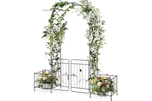 COSTWAY Arco da Giardino, Pergolato in Metallo con Cancello Bloccabile e Fioriere Laterali, Arco per Piante Rampicanti e Viti da Uva, Decorazione per Cerimonia Matrimoniali
