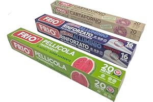 FRIO Starter Pack Set 3 Rotoli Cucina: Alluminio Goffrato (16m), Pellicola (20m), Carta Forno Naturale (20 fogli 33x38 cm) – Formato Economico per Conservare, Cuocere e Proteggere gli Alimenti
