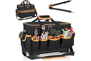 FREEAMG 34,5x21x26CM Sac à Outils avec 26 Poches et Grande Capacité, Sac de Rangement pour Outils avec Bretelles réglables, Double Fermeture Éclair, Base Rigide Imperméable