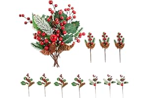 Huixinue Künstliche Tannenzweige 10 Stück Deko Beeren Weihnachten, Beerenzweig Künstlich Weihnachtsspieße,Mit Stechpalmenzweigen und Grünen Blättern für Christmas Decorations,DIY Handwerk.