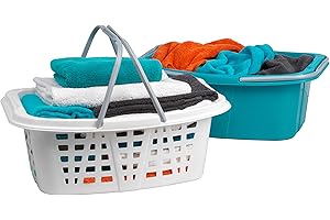 Beldray LA030450TQ Set Of 2 Stackable Laundry Baskets - 26L Strong Washing Basket, Carry Handles, Plastic Laundry Hamper, Storage & Tidy Organiser, Ideal for Washing and Drying, Turquoise/White