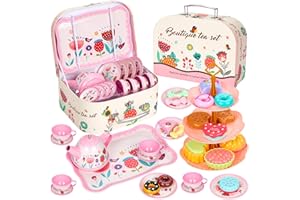 Hovetne 33 PCS Tea Set for Toddlers, Kids Tea Party Pretend Play Toy with Dessert Toy, Plates, Teapot, Childrens Tin Play Sets for Girls Aged 3 4 5 6 7 8, Flower