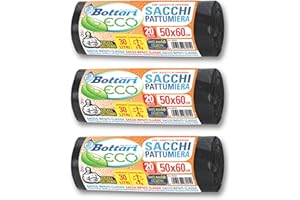 Bottari 60 Sacchi Immondizia 30L 50x60 cm con Laccetti di Chiusura, Nero, Sacchi per Spazzatura Resistenti e Riciclati, 3 Rotoli da 20 Pezzi