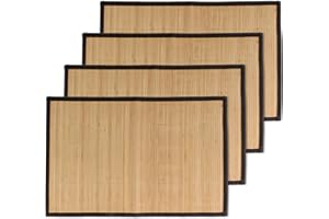 BambooMN Mantel individual con listones de bambú con borde de tela, impresión de color sólido, 17.5 x 12 pulgadas, marrón con borde negro, 4 piezas